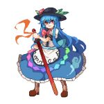  1girl bangs black_headwear blue_hair blue_skirt bow bowtie brown_footwear center_frills closed_mouth food frills fruit full_body hinanawi_tenshi holding holding_sword holding_weapon hui_mi_(hennji_echo) leaf long_hair looking_at_viewer peach red_bow red_bowtie red_eyes shirt short_sleeves simple_background skirt solo sword sword_of_hisou touhou weapon white_background white_shirt 