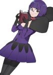  1girl absurdres bangs black_gloves black_pantyhose blunt_bangs bob_cut book bow bowtie breasts cleavage collarbone dress elbow_gloves glasses gloves highres pantyhose pokemon pokemon_(game) pokemon_bw pokemon_bw2 purple_dress purple_hair purple_skirt shauntal_(pokemon) short_dress short_hair skirt solo 