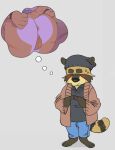  2025 anthro anus balls black_ears black_hair black_hand blush bodily_fluids butt canid canine chuck_(p_rindustries) domestic_cat eyebrows eyes_always_closed eyes_closed felid feline felis fingertips_touching fur genitals hair hi_res male male_anthro mammal p_rindustries p_rindustries_(p_rindustries) presenting presenting_hindquarters raccoon_dog striped_body striped_fur stripes stubble sweat sweatdrop tail tan_body tan_fur tanuki thought_bubble white_body white_fur wrist_restraints 