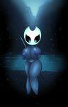 2023 absurd_res anthro big_breasts big_nipples biped black_body blue_nipples breasts detailed_background eyelashes featureless_feet featureless_hands feet female genitals glistening glistening_body glowing glowing_eyes hi_res holding_breast hollow_knight_(franchise) horn hornet_(hollow_knight) huge_breasts huge_hips lake looking_down looking_down_at_self madrs nipples non-mammal_breasts non-mammal_vulva puffy_nipples sewing_needle small_waist solo team_cherry thick_thighs vulva water wide_hips