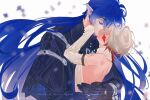  2boys arm_up arms_around_another's_back backless_outfit black_capelet black_gloves blue_hair blush capelet closed_eyes colored_eyelashes commentary commission detached_sleeves ear_piercing earrings english_commentary flins_(genshin_impact) floating_hair genshin_impact gloves hand_on_another's_face highres illuga_(genshin_impact) jewelry kiss long_hair long_pointy_ears long_sleeves male_focus multiple_boys neininein piercing pointy_ears short_hair sleeves_past_wrists very_long_hair watermark white_hair yaoi 
