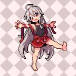  1girl :d ahoge bangs barefoot black_shirt checkered_background chiya_(urara_meirochou) full_body grey_background grey_hair hair_between_eyes long_hair looking_at_viewer naka-chan open_mouth outstretched_arms pixel_art red_eyes shirt sleeveless sleeveless_shirt smile solo standing standing_on_one_leg two-tone_background urara_meirochou very_long_hair white_background 