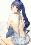  1girl absurdres alternate_costume backboob backless_outfit bare_shoulders blue_eyes blue_hair blunt_bangs breasts closed_mouth commentary from_behind grey_sweater hair_intakes halterneck highres holding holding_pillow hololive hololive_english iris_(tb33064667) long_hair looking_at_viewer looking_back median_furrow no_pants ouro_kronii pillow ponytail ribbed_sweater round_eyewear sidelocks sitting sleeveless sleeveless_sweater solo sweater tied_sweater turtleneck turtleneck_sweater virgin_killer_sweater virtual_youtuber wariza white_background 
