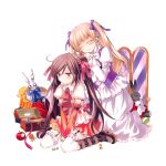  2girls absurdres ahoge apple blouse blush boots brown_boots brown_hair candy character_request closed_eyes closed_mouth collared_dress dot_mouth dot_nose dress elbow_gloves food frilled_thighhighs frills fruit gloves hair_ribbon highres long_hair mochizuki_jun multiple_girls official_art pandora_hearts popsicle pout puffy_short_sleeves puffy_sleeves purple_eyes purple_ribbon red_dress red_gloves red_ribbon ribbon scan sharon_rainsworth shirt short_sleeves sidelocks simple_background single_sleeve_past_wrist sitting smile stuffed_animal stuffed_rabbit stuffed_toy thighhighs twintails wariza white_background white_dress white_shirt white_thighhighs 
