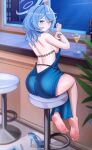  1girl absurdres ako_(blue_archive) ako_(dress)_(blue_archive) ass back backboob backless_dress backless_outfit barefoot blue_archive blue_dress blue_hair blue_halo bottle bracelet breasts cocktail_glass commentary cup dress drinking_glass evening_gown from_behind halo high_heels highres indoors jewelry long_hair official_alternate_costume on_stool puppnett sideless_dress sideless_outfit sitting sleeveless sleeveless_dress solo stool toes window 