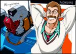  1boy amate_yuzuriha amate_yuzuriha_(cosplay) arms_behind_head bernard_monsha brown_eyes brown_hair character_name collared_shirt commentary cosplay diagonal-striped_clothes diagonal-striped_necktie dress_shirt facial_hair gm_custom green_shirt grin gundam gundam_0083 gundam_gquuuuuux kin-san_(sasuraiga) looking_at_viewer loose_necktie male_focus mecha mobile_suit mustache necktie pectoral_cleavage pectorals robot school_uniform shirt short_hair smile striped_clothes sweater twitter_username untranslatable_commentary upper_body v-neck very_short_hair white_sweater 