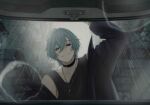  000nemuiyo000 1boy alternate_costume arm_up black_choker black_jacket black_tank_top blue_hair car_trunk choker commentary_request double-parted_bangs genshin_impact grey_sky hair_between_eyes highres jacket jewelry lohen_(genshin_impact) long_sleeves looking_at_viewer male_focus necklace outdoors parted_lips rain sky smirk solo tank_top 