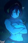  1girl :/ abs avatar:_the_last_airbender avatar_legends bandeau bare_shoulders biceps black_hair breasts cleavage commentary crossed_arms hair_bun large_breasts looking_at_viewer muscular muscular_female navel semi_draws single_hair_bun solo stomach toph_beifong 