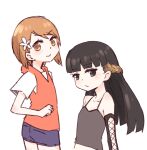  2girls :> :/ bare_arms bare_shoulders black_eyes black_hair black_sleeves blue_shorts brown_eyes brown_hair clenched_hand collarbone commentary_request cowboy_shot crop_top cross-laced_clothes cross-laced_sleeves detached_sleeves dot_nose flower from_side grey_tank_top hair_flower hair_ornament hood hood_down hooded_vest hoodie i.u.y kinuhata_saiai kuroyoru_umidori lace-up light_blush long_hair long_sleeves looking_at_viewer multicolored_hair multiple_girls orange_vest shirt short_hair short_shorts short_sleeves shorts simple_background sleeveless standing tank_top toaru_kagaku_no_railgun toaru_kagaku_no_railgun_s toaru_majutsu_no_index toaru_majutsu_no_index:_new_testament two-tone_hair upper_body v-shaped_eyebrows vest white_background white_flower white_shirt 