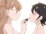  2girls 9rimson applying_another's_makeup applying_lipstick applying_makeup bare_shoulders black_hair brown_hair closed_eyes closed_mouth commentary_request cosmetics green_eyes hair_bun hand_up holding holding_lipstick_tube implied_nudity kanamori_maria kiratto_pri_chan kurokawa_suzu lipstick_tube long_hair looking_at_another multiple_girls pretty_series simple_background smile white_background yuri 