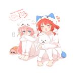  ... 2girls :d ^_^ animal_hood barefoot bear_hood blue_eyes blush bocchi_the_rock! cat_hood chiikawa closed_eyes commentary_request crossed_arms cube_hair_ornament facing_viewer full_body gotoh_hitori gotoh_hitori_(tsuchinoko) hair_ornament hood hood_up kita_ikuyo long_hair looking_at_viewer multiple_girls notice_lines one_side_up open_mouth pants pink_hair rebecca_(keinelove) red_hair simple_background sitting smile speech_bubble spoken_ellipsis white_background white_pants 
