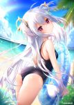  1girl absurdres amatsuji artist_name ass beach blue_swimsuit cloud demon_girl demon_tail demon_wings from_behind highres long_hair looking_back low_wings ocean one-piece_swimsuit original outdoors red_eyes school_swimsuit sky solo swimsuit tail thighs two_side_up very_long_hair white_hair wings 