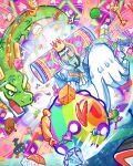  6+boys 6+girls abstract_background antennae ascot bear beard bell beyond_(katamari_damacy) black_hair blue_shirt blue_skin blush bowl bread bread_slice candy caramel cat cherry chinstrap_beard closed_eyes cocktail_glass colored_skin commentary cow cowbell crab crown cup daikon diamond_(gemstone) diamond_(shape) dragon drink_carton drinking_glass eastern_dragon english_commentary facial_hair fish_(food) floating flying_sweatdrops food foomin_(katamari_damacy) fried_egg fruit fujio_(katamari_damacy) giraffe gloves gold_crown green_scales hair_ornament hairclip hand_on_own_cheek hand_on_own_face heart highres ichigo_(katamari_damacy) index_finger_raised irischroma johnson_(katamari_damacy) katamari katamari_damacy king_of_all_cosmos kinoko_(katamari_damacy) kyun_(katamari_damacy) l'amour_(katamari_damacy) lalala_(katamari_damacy) light_rays lips long_sleeves marny_(katamari_damacy) milk_carton mu_(katamari_damacy) multiple_boys multiple_girls mustache neck_ruff nigirizushi nutsuo_(katamari_damacy) open_mouth pantyhose parted_lips piggy_bank pink_pantyhose plunging_neckline pointed_crown pushing radish rainbow rice rice_bowl shirt sleeve_cuffs smile sparkle star_(symbol) sushi the_prince_(katamari_damacy) tree triangle_nose twinkle_(katamari_damacy) white_ascot white_gloves 