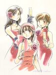  3girls alcohol black_choker black_gloves blue_eyes bow bracelet breasts brown_eyes brown_hair champagne champagne_flute choker cleavage closed_mouth commentary_request cropped_legs cup dress dress_flower drinking_glass earrings elbow_gloves flower gloves hair_bow hair_flower hair_ornament hairband hand_up highres holding holding_cup jewelry looking_at_viewer medium_hair multiple_girls open_mouth original pendant_choker pink_bow pink_eyes pink_flower pink_hairband pink_rose red_dress rose short_hair signature sleeveless sleeveless_dress smile spaghetti_strap standing studio_carmine 