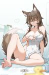  1girl absurdres animal_ear_fluff animal_ears bathroom brown_eyes brown_hair commentary completely_nude english_commentary feet fox_ears fox_girl fox_tail glasses highres long_hair looking_at_viewer ninai nude open_mouth original soles tail towel water wet white_hair 