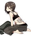  1girl bandages barefoot black_panties black_sports_bra blood brown_eyes brown_hair feet_out_of_frame from_behind grey_pants injury looking_at_viewer looking_back midriff no_shirt original panties pants shio_(s_alt_shio) simple_background sitting smile solo sports_bra sweater_removed underwear wariza white_background 