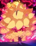  1girl absurdres artist_self-insert black_pants black_shorts crossed_arms dynamax giant glowing highres multicolored_hair orange_fur orange_hair pants pants_under_shorts pokemon pokemon_(creature) pokemon_winds_and_waves pombon red_eyes shoes shorts sneakers solid_oval_eyes white_eyes zahir_zb7 