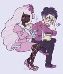  +++ 1boy 1girl bags_under_eyes black-framed_eyewear black_pants coffee commentary corbeau_(pokemon) cup dark-skinned_female dark_skin disposable_coffee_cup disposable_cup dress drink english_commentary facepalm figure_four_sitting fishnet_pantyhose fishnets frown full_body glasses glove_bow gloves hair_ornament highres holding holding_cup holding_drink holding_saucer invisible_chair jacinthe_(pokemon) juliet_sleeves long_hair long_sleeves loose_hair_strand low_drills necktie no_jacket one_eye_closed open_mouth pants pantyhose pokemon pokemon_legends:_z-a puffy_sleeves purple_dress purple_eyes purple_hair purple_shirt round_eyewear saucer shirt short_hair singsingswing2 sitting smile spoken_squiggle squiggle teacup teeth undercut upper_teeth_only v-shaped_eyebrows very_dark_skin white_gloves white_necktie yellow_eyes 