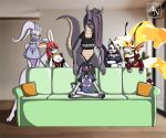 anthro ashe_(shyguy9) basil_(nova51405) big_breasts blush breasts clothed clothing collar dragon female fur furniture generation_6_pokemon goodra group hair hellaverse helluva_boss hi_res horn in_heat_(game) long_hair long_neck loona_(helluva_boss) male mythological_creature mythological_scalie mythology nintendo nova51405 pokemon pokemon_(species) poppi_(in_heat) queen_bee-lzebub_(helluva_boss) red_eyes red_hair red_sclera scalie simple_background smile sofa tail thick_thighs tongue tongue_out white_body white_fur