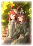  2girls ahoge animal_ears blunt_bangs brown_hair buena_vista_(umamusume) closed_eyes commentary dress eakon_7bit ear_covers green_dress green_hairband hair_between_eyes hairband highres horse_ears horse_girl long_hair long_sleeves multiple_girls red_desire_(umamusume) red_hair umamusume white_dress 