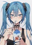  1girl absurdres bangs bare_shoulders black_nails blue_background blue_eyes blue_hair blush breasts collar ear_piercing earrings hatsune_miku highres jewelry looking_at_viewer off_shoulder piercing sakusya2honda shaved_ice simple_background solo sweat twintails vocaloid 
