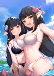  2girls armpits bare_arms bare_shoulders bikini black_bikini black_hair blue_flower blue_sky breasts brown_eyes cleavage cloud collarbone commentary crab day ear_piercing earrings flower groin hair_flower hair_ornament highres hinoa jewelry large_breasts long_hair minoto monster_hunter_(series) monster_hunter_rise multiple_girls navel outdoors piercing pointy_ears reaching_out red_flower red_rose revision rose selfie siblings sisters sky swimsuit symbol-only_commentary twins uneg very_long_hair water white_bikini 