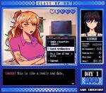  2girls affection_meter bare_shoulders black_hair blonde_hair blue_eyes blush breasts character_name class_of_09 closed_mouth collarbone commentary crossed_arms dialogue_options english_commentary english_text hair_over_one_eye heart highres indoors jecka_(class_of_09) kiminkiis large_breasts long_hair long_sidelocks looking_at_viewer looking_to_the_side multiple_girls nicole_(class_of_09) open_mouth options pink_shirt pixel_text profile score shirt short_sleeves sidelocks talking teeth television upper_body upper_teeth_only video_game_dialogue_box visual_novel yellow_eyes 