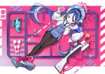  1girl :3 antenna_hair armband black_pantyhose blue_archive blue_armband blue_hair blue_necktie blue_skirt blue_suit blush chocho_16 commentary crossed_ankles donut food fubuki_(blue_archive) gun halo hand_up hat highres holding holding_donut holding_food jacket long_hair long_sleeves looking_at_viewer looking_up model_kit multicolored_hair necktie open_clothes open_jacket pantyhose pencil_skirt pink_halo pink_shoes police_hat red_eyes rifle ruger_mini-14 shirt shoes skirt solo sprue suit twintails untranslatable_commentary weapon white_jacket white_shirt 