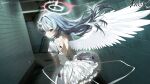  1girl absurdres angel_wings arm_tattoo artist_name backless_dress backless_outfit blood blood_on_clothes blue_hair blurry blurry_background chiromi commentary cowboy_shot cross-laced_clothes cross-laced_dress dress feathered_wings floating_hair frilled_dress frills from_behind glowing glowing_halo hair_between_eyes hair_intakes halo heart heart_tattoo highres horns indoors injury long_hair looking_at_viewer looking_back multicolored_halo original puffy_short_sleeves puffy_sleeves red_eyes red_halo short_sleeves single_horn single_wing solo standing tattoo twitter_username two-tone_halo untranslatable_commentary very_long_hair white_dress white_halo white_wings wings 