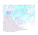  1boy 1girl border branch capelet cherry_blossoms cloak commentary_request earrings elf facing_away falling_petals flower frieren from_behind grey_cloak highres himmel_(sousou_no_frieren) jewelry long_hair outside_border petals pink_flower pointy_ears sachinyopo short_hair sousou_no_frieren teardrop_earrings twintails white_border white_capelet white_cloak 