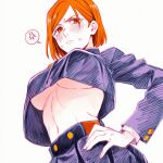  1girl anger_vein blue_shirt blue_skirt blush breasts buttons character_request commentary cropped_shirt english_commentary hand_on_own_hip jujutsu_kaisen lapis_slopzuli linea_alba long_sleeves navel pleated_skirt shirt short_hair skirt solo speech_bubble spoken_anger_vein underboob white_background 