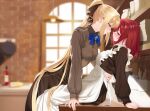  2girls apron bagel_sandica berry_(shoujo_no_nozomanu_eiyuutan) black_dress blue_bow blue_bowtie blue_eyes blurry blurry_background blush bow bowtie brooch brown_shirt closed_mouth collared_shirt commentary_request dress hand_on_another's_waist highres indoors jewelry kitchen long_hair long_sleeves looking_at_another maid maid_apron master_and_servant multiple_girls parted_lips ponytail purple_eyes red_hair shirt shoujo_no_nozomanu_eiyuutan very_long_hair white_apron yuri 