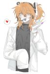  1girl :d adachi_rei commentary glasses gloves headlamp headset heart highres holding holding_syringe lab_coat lens_eye orange_eyes orange_hair oversized_clothes pealerprpr ribbon side_ponytail simple_background smile spoken_heart syringe utau white_ribbon 