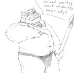  belly bezdomny body_hair bulge chest_hair clothing domestic_pig eyebrows facial_hair hairy hi_res humanoid male mammal melee_weapon orc overweight polearm shirt solo solo_focus spear suid suina sus_(pig) text topwear tusks weapon wild_boar 