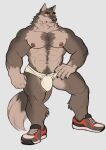  absurd_res adios anthro areola bulge canid canine canis chest_tuft clothing footwear hand_on_hip hi_res male mammal nipples red_eyes shoes solo tuft underwear wolf 