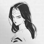  1girl absurdres amazon_warrior artist_name dc_comics greyscale gusceps highres long_hair monochrome signature simple_background solo superhero_costume tiara toriyama_akira_(style) upper_body wonder_woman wonder_woman_(series) 