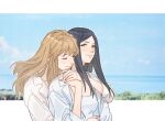  2girls black_hair blue_sky blush border brown_hair camisole closed_eyes closed_mouth collared_shirt commentary_request dated fujino_shizuru green_eyes guri_gom hand_on_another's_waist happy_birthday head_on_another's_shoulder holding_hands horizon hug hug_from_behind korean_commentary kuga_natsuki long_hair multiple_girls my-hime ocean open_clothes open_shirt outdoors shirt sky smile white_background white_border white_camisole yuri 