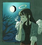  1girl angel angel_wings artist_name awwria bags_under_eyes bare_tree black_hair black_shirt cigarette commentary english_commentary haibane_renmei halo hand_up highres jacket long_hair night reki_(haibane_renmei) shirt smoking solo traditional_halo tree window wings 