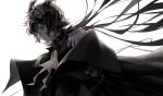  1boy animal_ear_fluff animal_ears arknights black_cloak black_hair cloak close-up commentary_request ebenholz_(arknights) eyelashes facing_away goat_ears goat_horns hair_between_eyes highres horns male_focus one_eye_covered open_mouth ove_(user_vcdx4582) short_hair signature simple_background upper_body white_background 