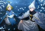  1boy 1girl :o absurdres animage anime_coloring artist_name blue_eyes coco_(tongari_boushi_no_atelier) copyright_name copyright_notice flower glowing_flower grass green_eyes green_hair grey_hair hair_over_one_eye hat highres holding holding_flower kneeling magazine_scan medium_hair night official_art ogawa_akane one_eye_covered open_mouth outdoors parted_bangs parted_lips qifrey_(tongari_boushi_no_atelier) scan short_hair third-party_source tongari_boushi_no_atelier white_flower wizard wizard_hat 