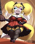 4:5 bandai_namco big_breasts breasts canid canine choker cleavage clothed clothing demon digimon dress female first_person_view fox furball garter_straps grin hi_res horn hybrid imp jewelry legwear low-angle_view mammal necklace pawpads renimpmon ribbons shortstack smile stockings