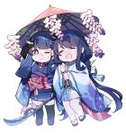  2girls :&gt; absurdres black_thighhighs blue_kimono chibi closed_eyes closed_mouth commentary full_body genshin_impact highres hizuki_miya holding holding_polearm holding_umbrella holding_weapon japanese_clothes kimono leaning_on_person long_hair looking_at_viewer makoto_(genshin_impact) multiple_girls oil-paper_umbrella one_eye_closed open_mouth pantyhose polearm purple_eyes purple_hair raiden_shogun siblings simple_background sisters smile spear spoilers sweatdrop thighhighs umbrella very_long_hair weapon white_background white_pantyhose zouri 