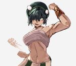  1girl alternate_costume avatar:_the_last_airbender avatar_legends black_hair chest_sarashi clenched_hands commentary dunknduzart english_commentary green_hair grey_eyes hair_between_eyes hair_over_one_eye muscular muscular_female navel pants sarashi simple_background smile solo standing toph_beifong vambraces white_background 