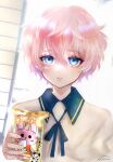  1boy absurdres akita_toushirou androgynous blue_eyes food food_wrapper highres holding holding_food looking_at_viewer male_child male_focus open_mouth parted_lips pink_hair short_hair solo teeth touken_ranbu translation_request white_background zasikirou 