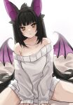  1girl animal_ears arms_between_legs bare_shoulders bat_ears bat_girl bat_tail bat_wings black_hair breasts closed_mouth grey_sweater hair_intakes highres indie_virtual_youtuber legs_apart long_hair looking_at_viewer moriko_kyoho mugripley simple_background sitting small_breasts solo sweater thighs virtual_youtuber white_background wings yellow_eyes 