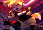  2girls aggressive_retsuko animal_crossing animal_ears blonde_hair dog_ears dog_girl doom_(series) facepaint fingerless_gloves furry furry_female gloves isabelle_(animal_crossing) microphone midriff_peek multiple_girls music panties retsuko shirt singing skeleion sweat t-shirt tail thighhighs underwear 