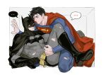  ... 2boys arm_support batman batman_(series) batman_symbol belt black_boots black_cape black_gloves blue_bodysuit blue_eyes bodysuit boots cape closed_mouth colored_speech_bubble commentary covered_abs covered_pectorals cowl dc_comics eye_contact frown gloves grey_bodysuit hand_on_another's_thigh highres kneeling long_sleeves looking_at_another male_focus multiple_boys pectorals quanyou_1103 red_cape short_sideburns sideburns speech_bubble spoken_blush spoken_ellipsis superhero_costume superman superman_(series) superman_logo torn_bodysuit torn_clothes yaoi yellow_belt 