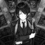  1girl androgynous bangs bob_cut bottle bow cape closed_mouth collared_shirt formal from_above frown greyscale hand_on_own_arm jacket jar long_sleeves looking_at_viewer monochrome necktie original sakurana_haru self_hug shelf shirt short_hair solo suit swept_bangs upper_body vest 