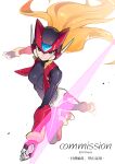  1girl blonde_hair breasts buzzsaw_(6631455) commentary commission energy_sword forehead_jewel full_body genderswap genderswap_(mtf) helmet highres holding holding_sword holding_weapon long_hair mega_man_(series) mega_man_zero_(series) mega_man_zero_3 omega_(mega_man) red_helmet red_vest simple_background solo sword vest weapon white_background 