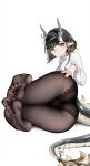  1girl absurdres alternate_costume arknights black_hair black_panties black_pantyhose collared_shirt commentary_request dragon_girl dragon_horns dragon_tail eastern_dragon_horns eastern_dragon_tail glasses highres horns jie_(arknights) lace-trimmed_panties lace_trim long_sleeves looking_at_viewer multicolored_hair no_shoes open_mouth orange_hair panties pantyhose pointy_ears shenmi_de_xigua shirt short_hair simple_background soles tail two-tone_hair underwear variant_set white_background white_shirt yellow_eyes 